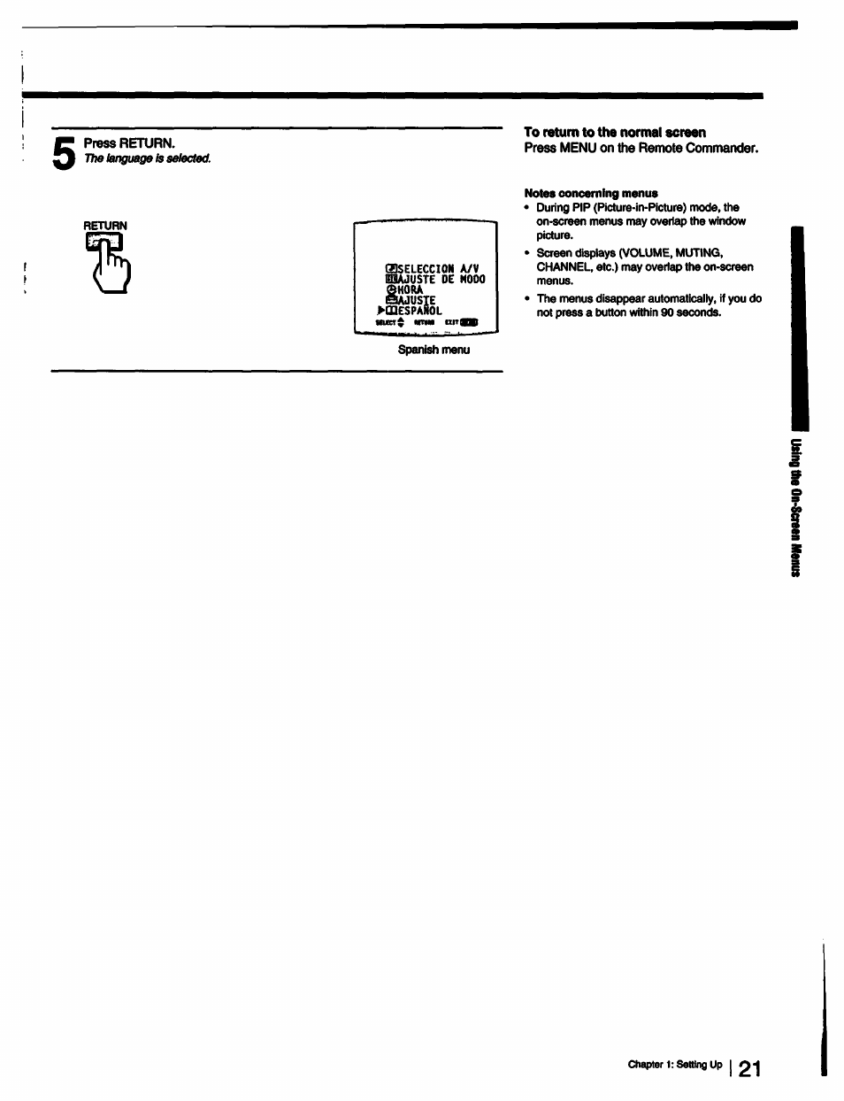 To return to the normal screen, Press menu on the remote commander | Sony KV-27XBR25 User Manual | Page 21 / 72