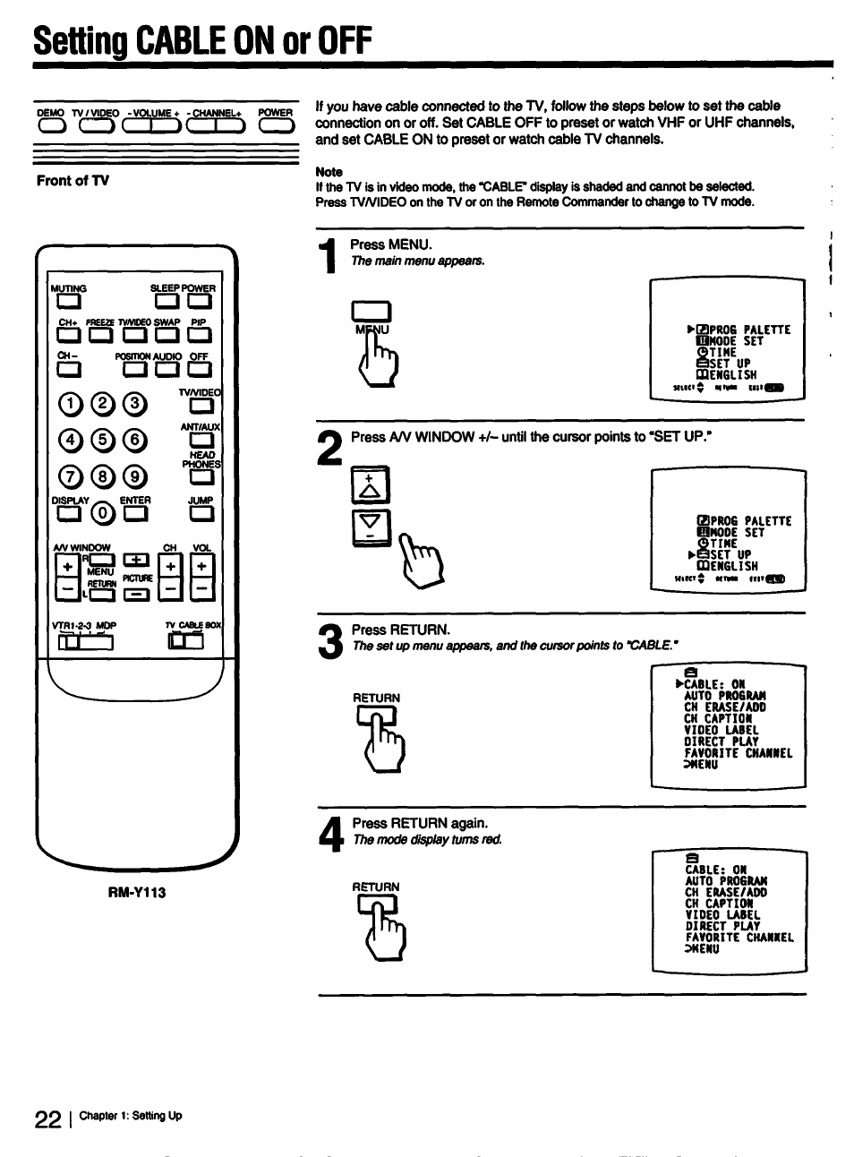 Setting cable on or off | Sony KV-27XBR25 User Manual | Page 22 / 72
