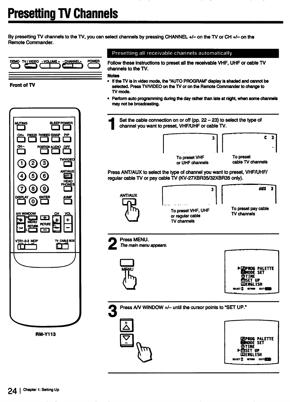 Rm-y113, Press menu, Presetting tv channels | Cd cdcdcd, 24 i | Sony KV-27XBR25 User Manual | Page 24 / 72