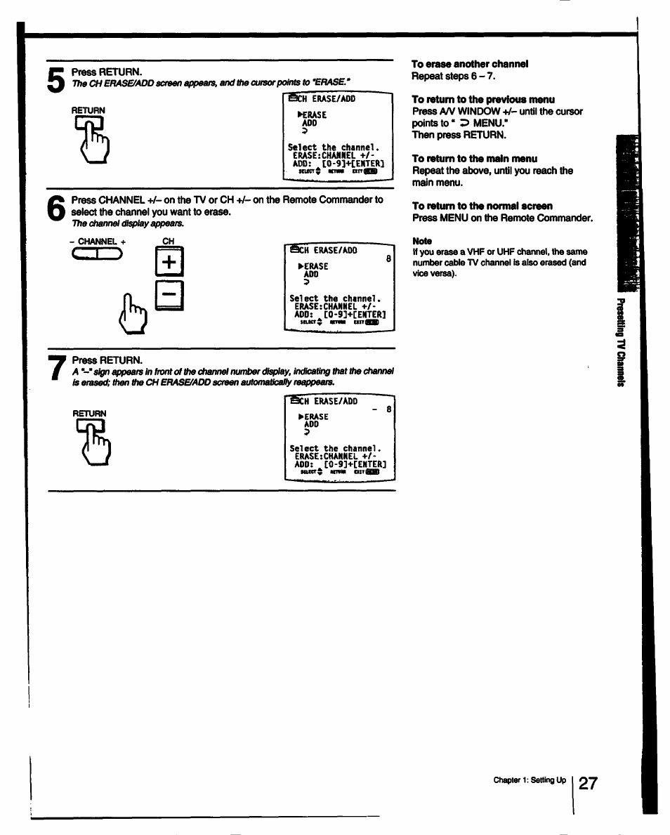 Czz), To return to the previous menu, To return to the main menu | To return to the normal screen, Scherasi/add | Sony KV-27XBR25 User Manual | Page 27 / 72