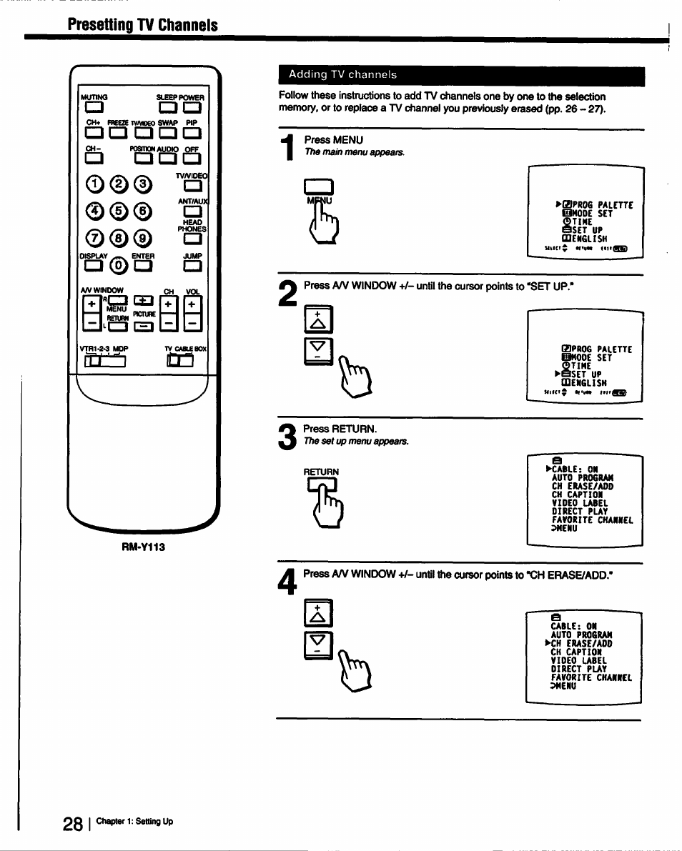 Presetting tv channels, Z1 l=ll, Rm-y113 | Press menu, Press return, I=i0a | Sony KV-27XBR25 User Manual | Page 28 / 72