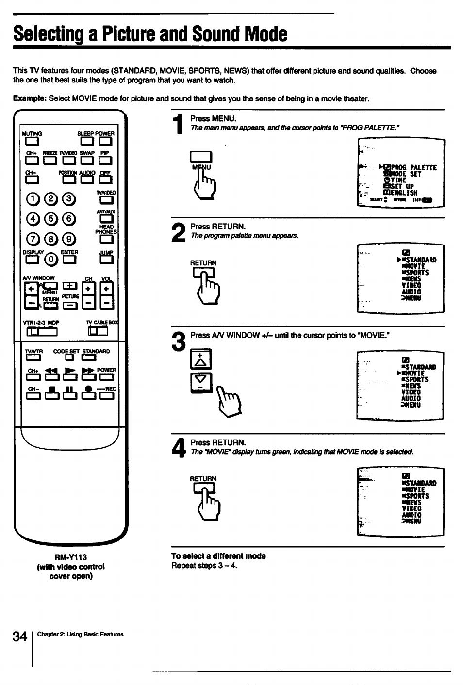 Selecting a picture and sound mode | Sony KV-27XBR25 User Manual | Page 34 / 72