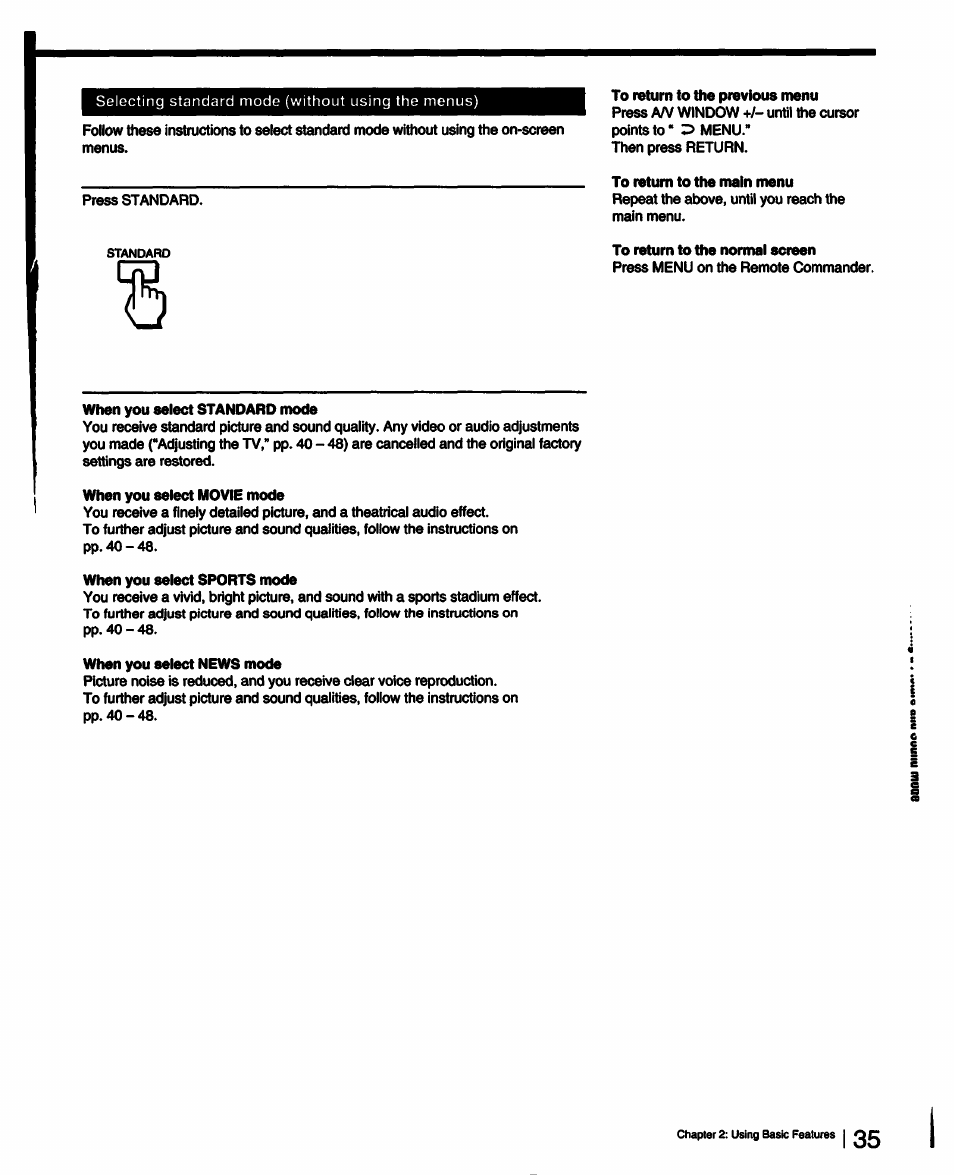 To return to the normal screen, When you select standard mode, When you select movie mode | When you select sports mode, When you select news mode | Sony KV-27XBR25 User Manual | Page 35 / 72