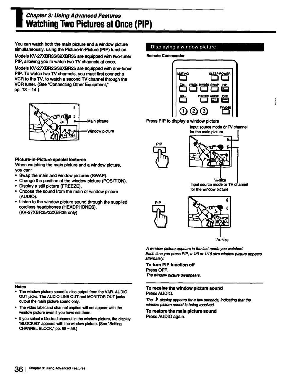 Picture-in-picture speciai features, Cl(=l, To turn pip function off | To receive the window picture sound, 1=1 a a 1=1 s, Watching two pictures at once (pip) | Sony KV-27XBR25 User Manual | Page 36 / 72