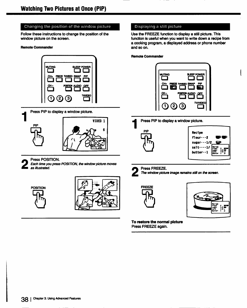 Watching two pictures at once (pip), 0(d0, To restore the normal picture | O oo | Sony KV-27XBR25 User Manual | Page 38 / 72