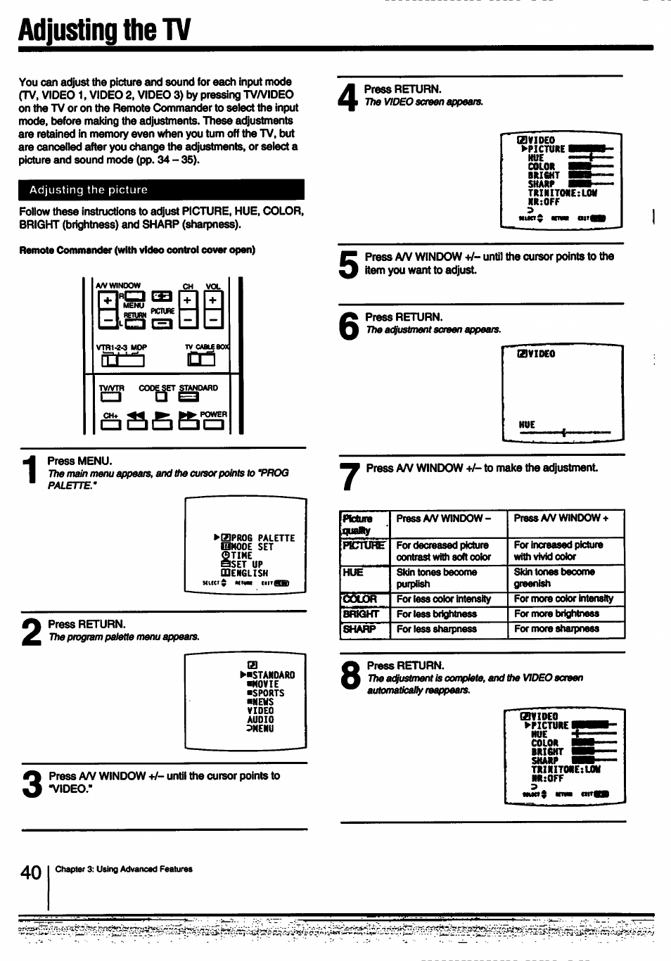 Adjusting the tv | Sony KV-27XBR25 User Manual | Page 40 / 72