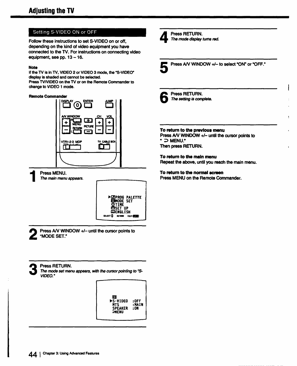 Adjusting the tv | Sony KV-27XBR25 User Manual | Page 44 / 72