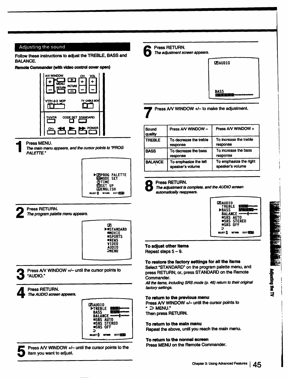 Remote commander (with video control cover open), To adjust other items, To restore the factory settings for all the kerns | To return to the previous menu, To return to the main menu, To return to the normal screen | Sony KV-27XBR25 User Manual | Page 45 / 72