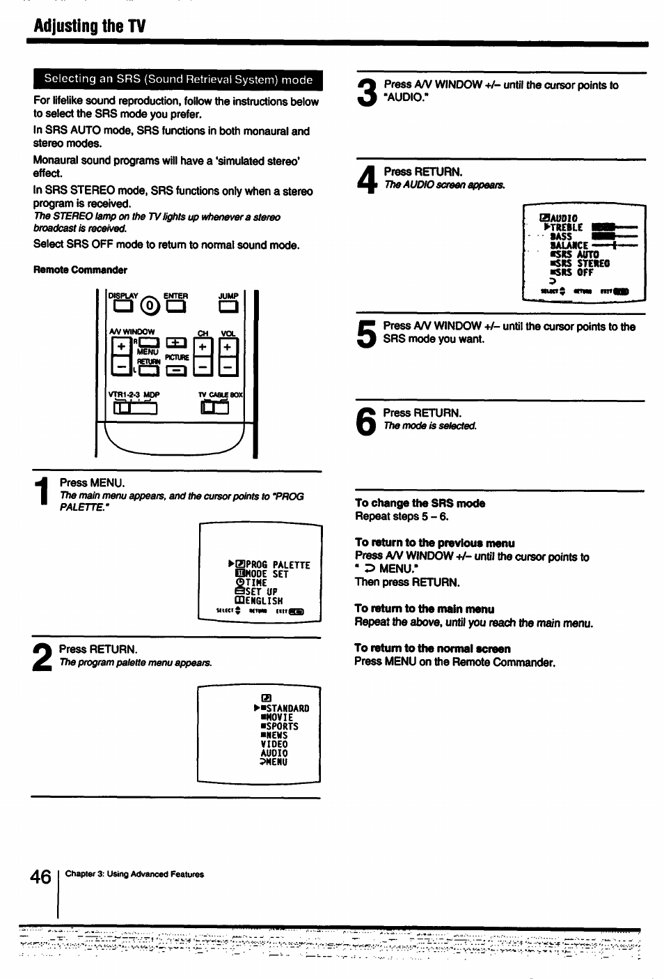 To change the srs mode, To return to the previous menu, To return to the main menu | To return to the normal screen, Adjusting the tv | Sony KV-27XBR25 User Manual | Page 46 / 72