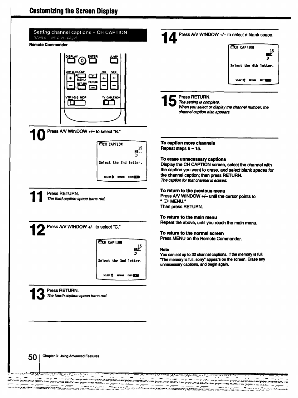 Customizing the screen dispiay, To caption more channels, To erase unnecessary captions | To return to the previous menu, To return to the main menu, To return to the normal screen, Customizing the screen display | Sony KV-27XBR25 User Manual | Page 50 / 72