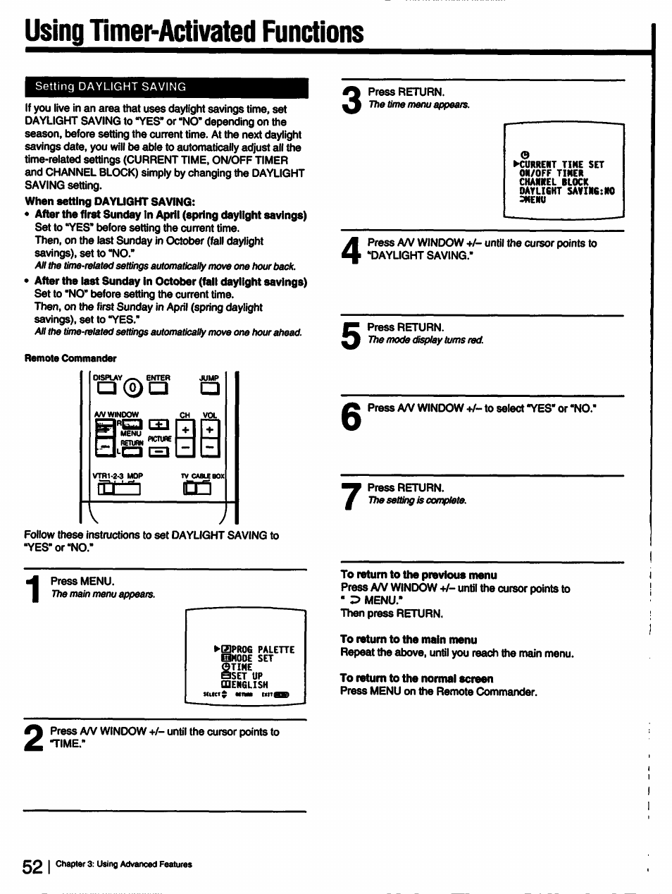 To return to the previous menu, To return to the main menu, To return to the normal screen | Using timer-aclivated functions | Sony KV-27XBR25 User Manual | Page 52 / 72