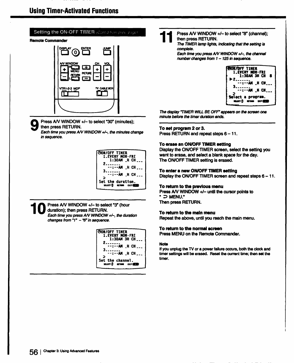 To set program 2 or 3, To erase an on/off timer setting, To enter a new on/off timer setting | To return to the previous menu, To return to the main menu, To return to the normal screen, Using timer-activated functions | Sony KV-27XBR25 User Manual | Page 56 / 72