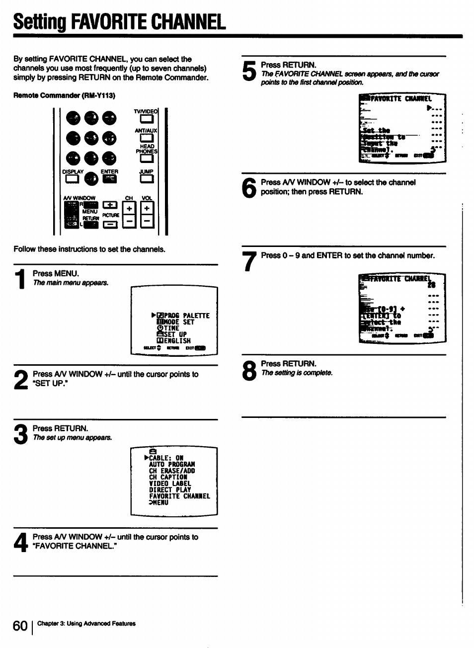 Setting favorite channel | Sony KV-27XBR25 User Manual | Page 60 / 72