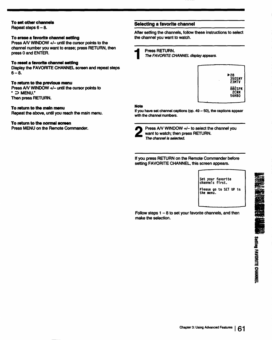 To set other channels, Selecting a favorite channel, To erase a tavorite channel setting | To reset a favorite channel setting, To return to the previous menu, To return to the main menu, To return to the normal screen, Setting favorite channel | Sony KV-27XBR25 User Manual | Page 61 / 72