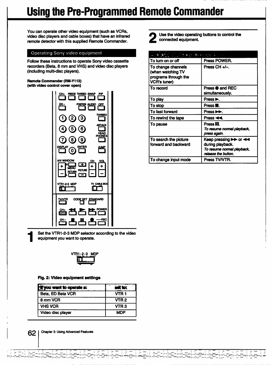 Using the pre-programmed remote commander, Œcrr | Sony KV-27XBR25 User Manual | Page 62 / 72