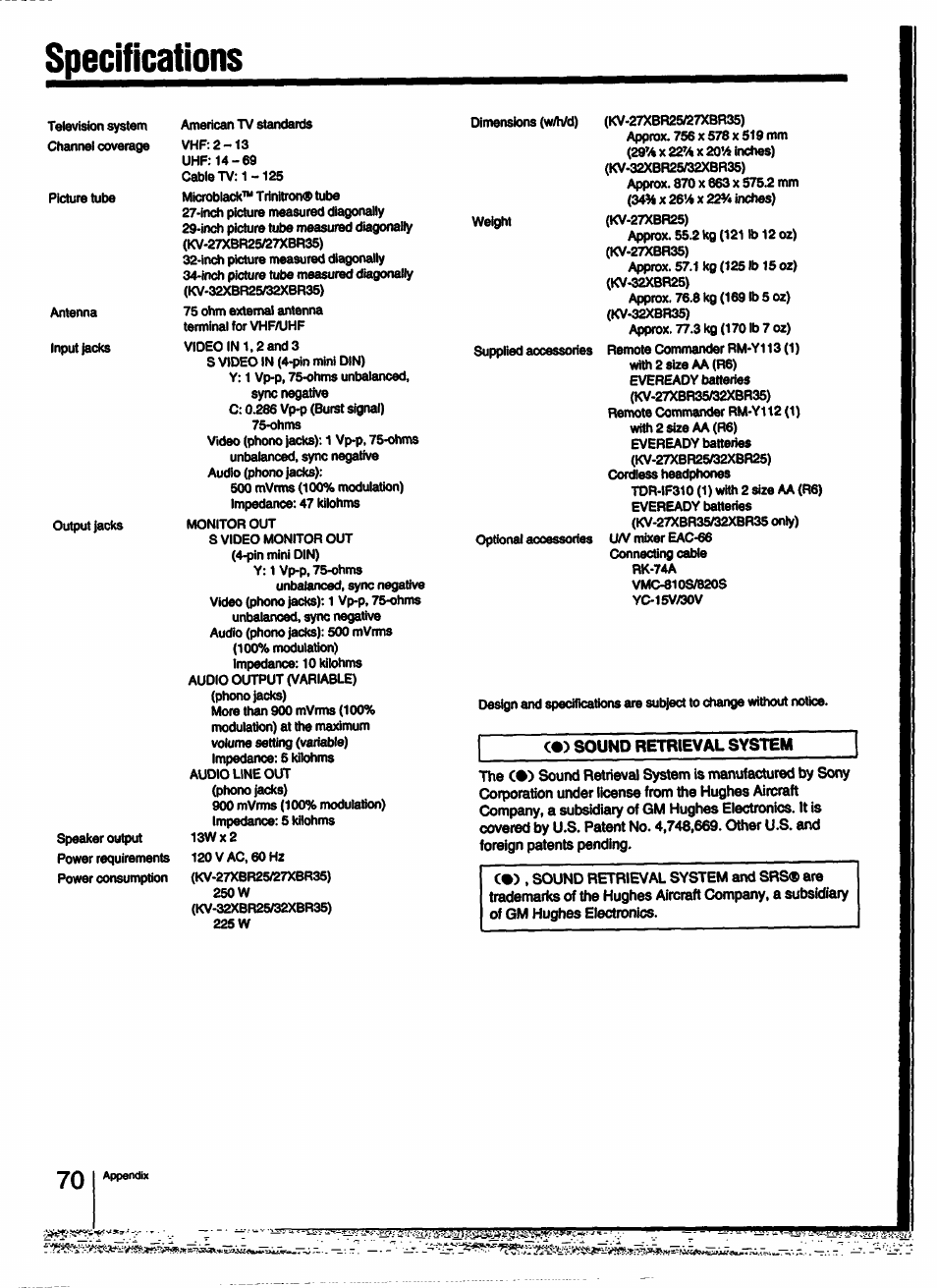 C«) sound retrieval system, Specifications, 22sw | Sony KV-27XBR25 User Manual | Page 70 / 72