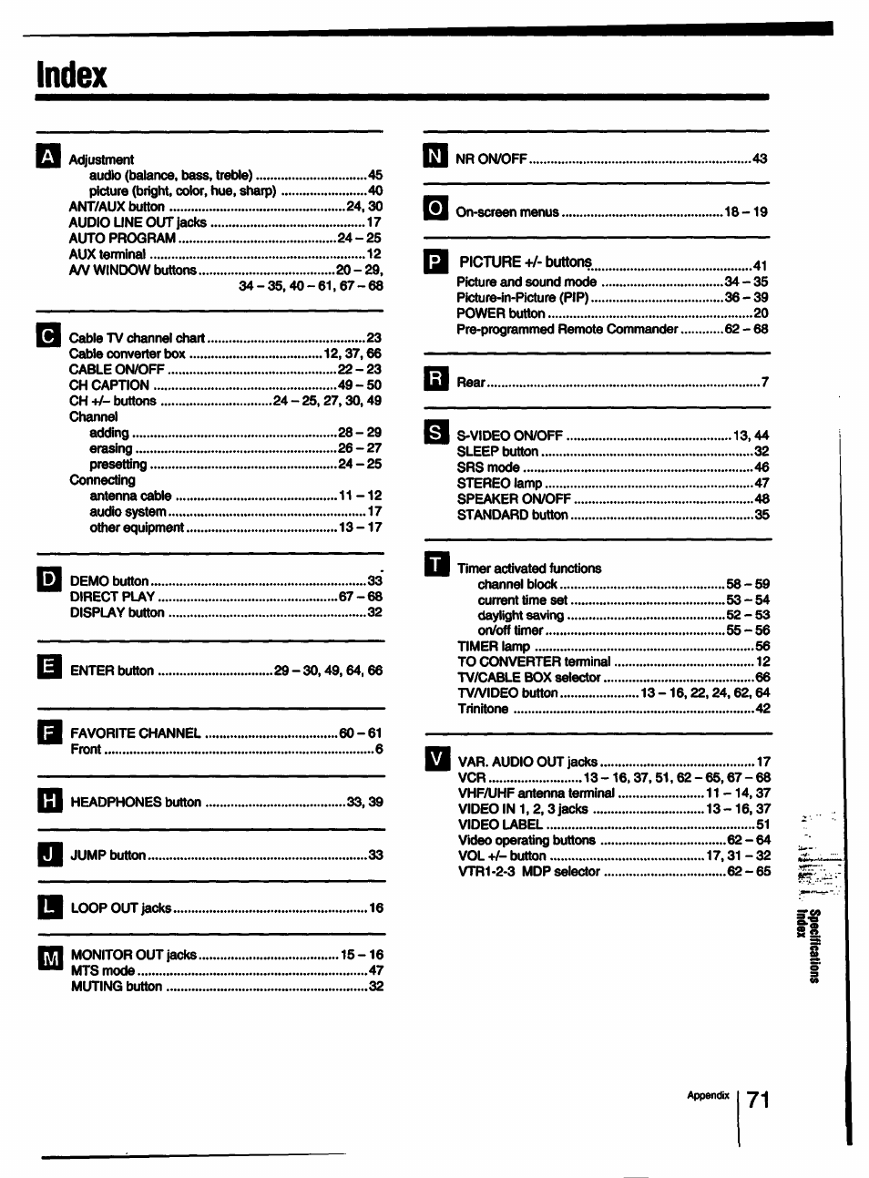 Index | Sony KV-27XBR25 User Manual | Page 71 / 72