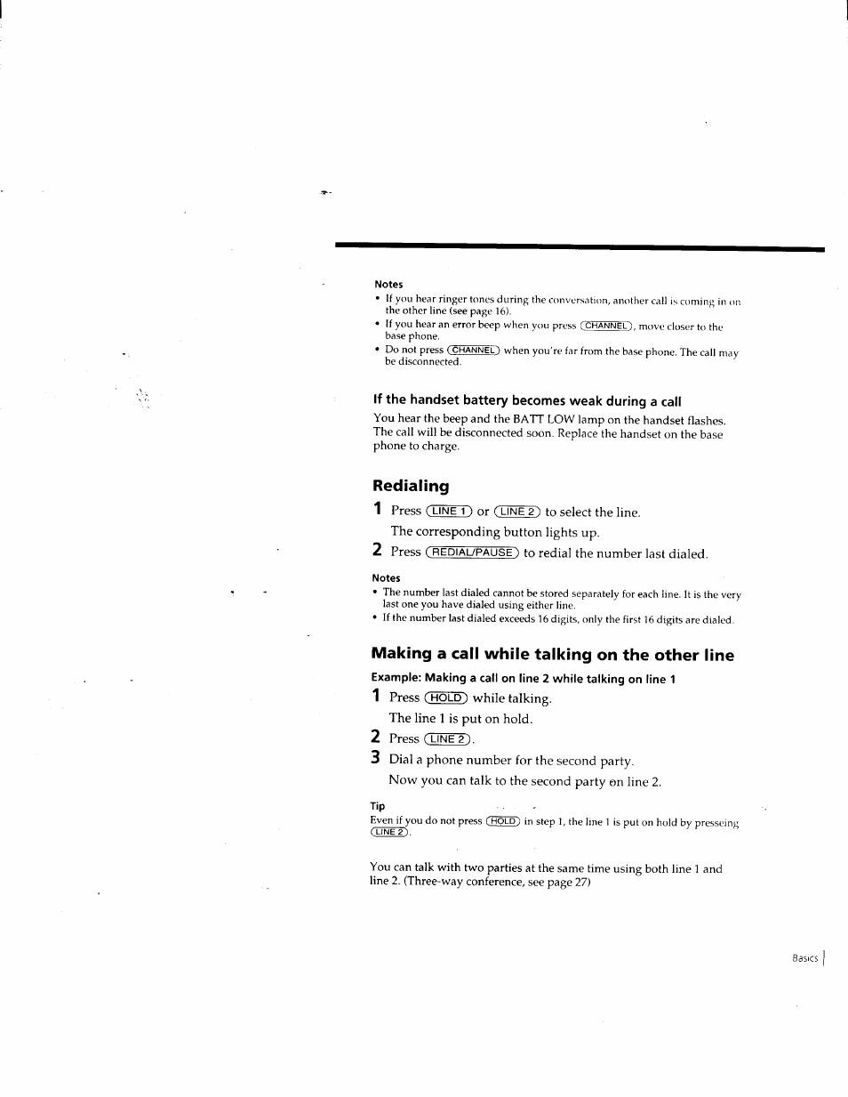 If the handset battery becomes weak during a call, Redialing, Making a call while talking on the other line | Sony SPP-M932 User Manual | Page 14 / 76