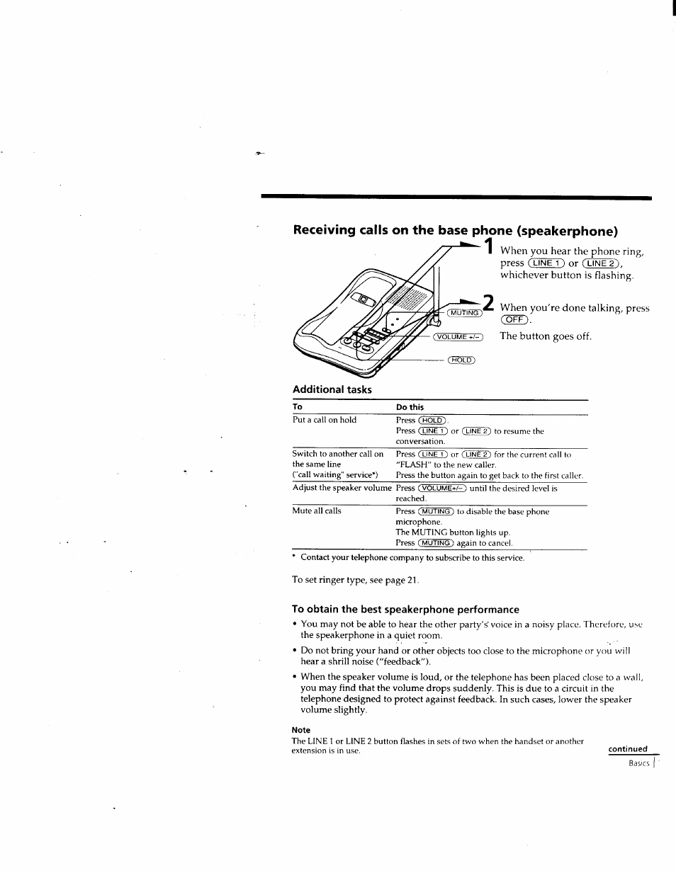 Receiving calls on the base phone (speakerphone), To obtain the best speakerphone performance | Sony SPP-M932 User Manual | Page 16 / 76