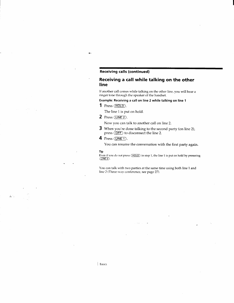 Receiving a call while talking on the other line | Sony SPP-M932 User Manual | Page 17 / 76