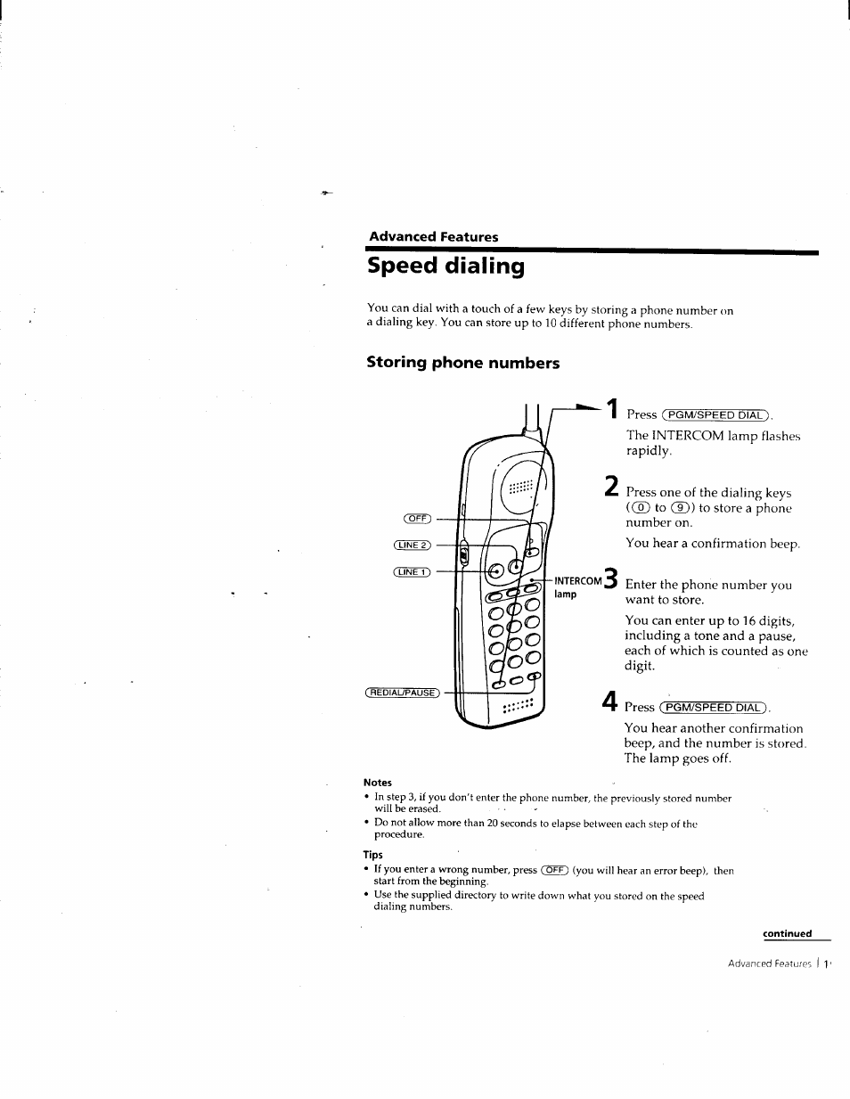 Speed dialing, Storing phone numbers | Sony SPP-M932 User Manual | Page 18 / 76