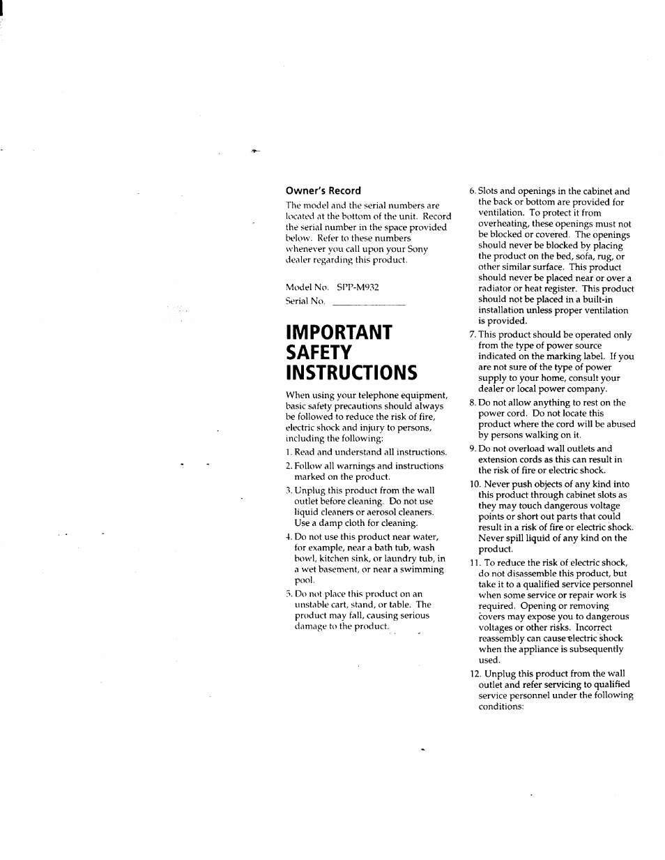 Owner's record, Important safety instructions | Sony SPP-M932 User Manual | Page 2 / 76