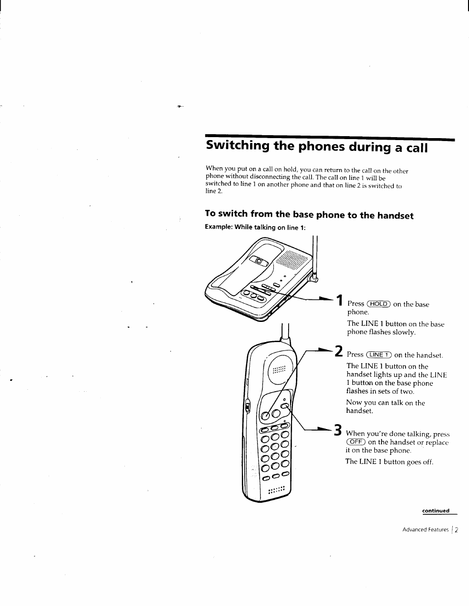 Switching the phones during a call, To switch from the base phone to the handset | Sony SPP-M932 User Manual | Page 22 / 76