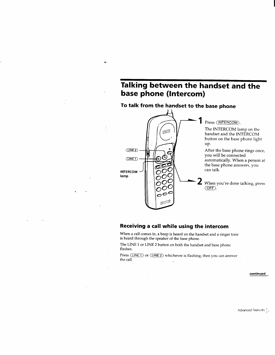 To talk from the handset to the base phone, Receiving a call while using the intercom | Sony SPP-M932 User Manual | Page 24 / 76