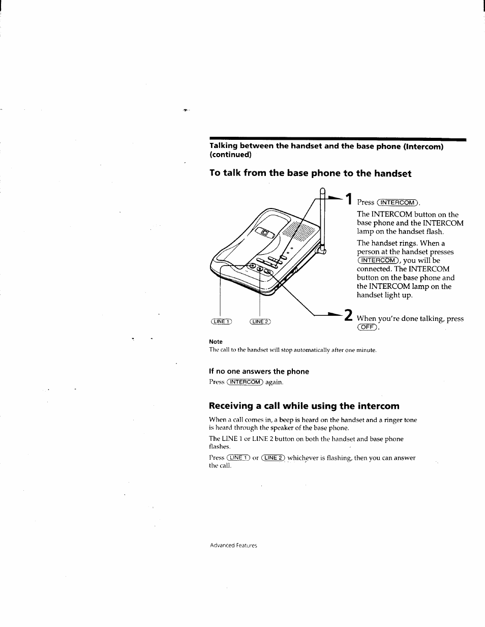 To talk from the base phone to the handset, If no one answers the phone, Receiving a call while using the intercom | Sony SPP-M932 User Manual | Page 25 / 76