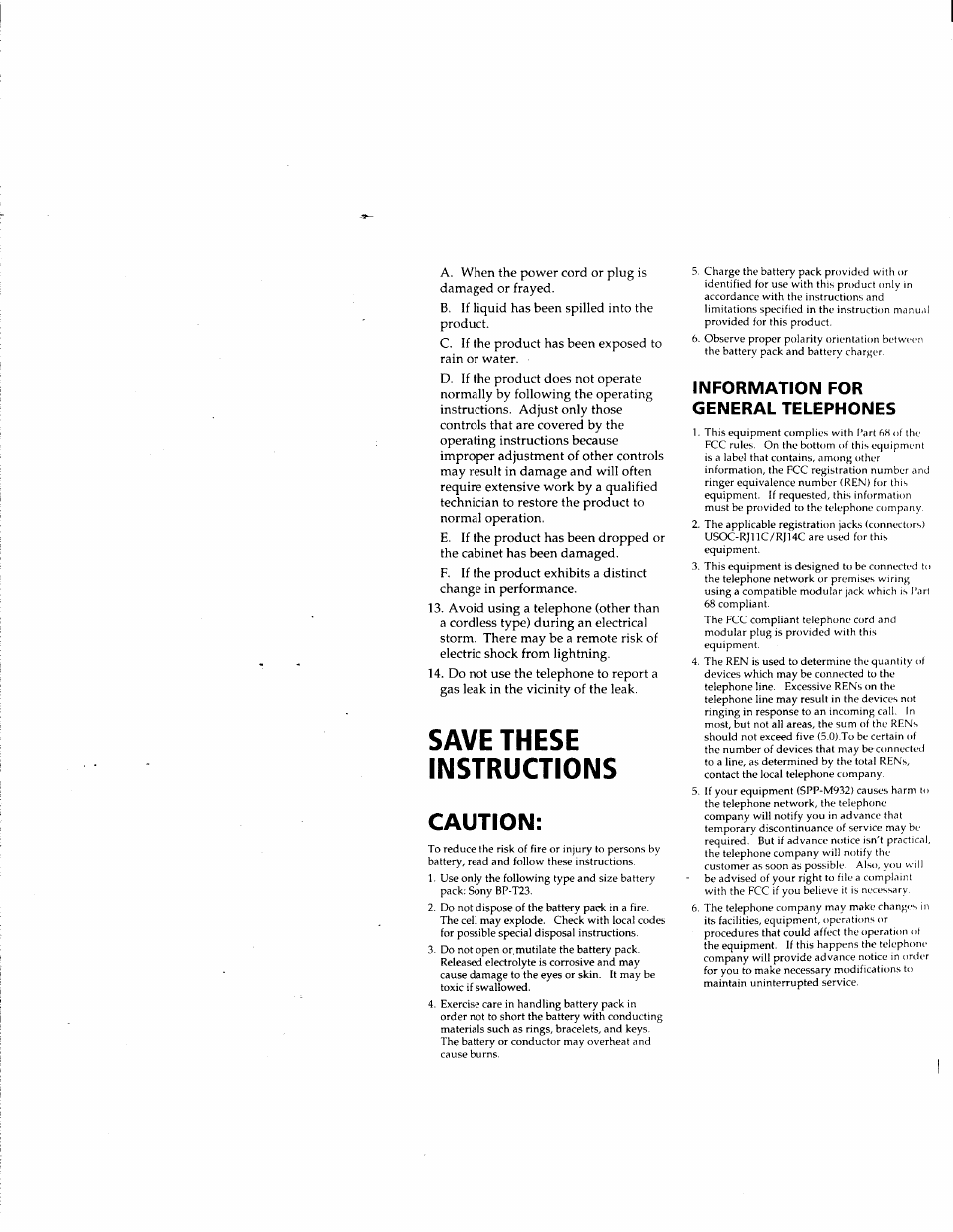 Information for general telephones, Save these instructions, Caution | Sony SPP-M932 User Manual | Page 3 / 76