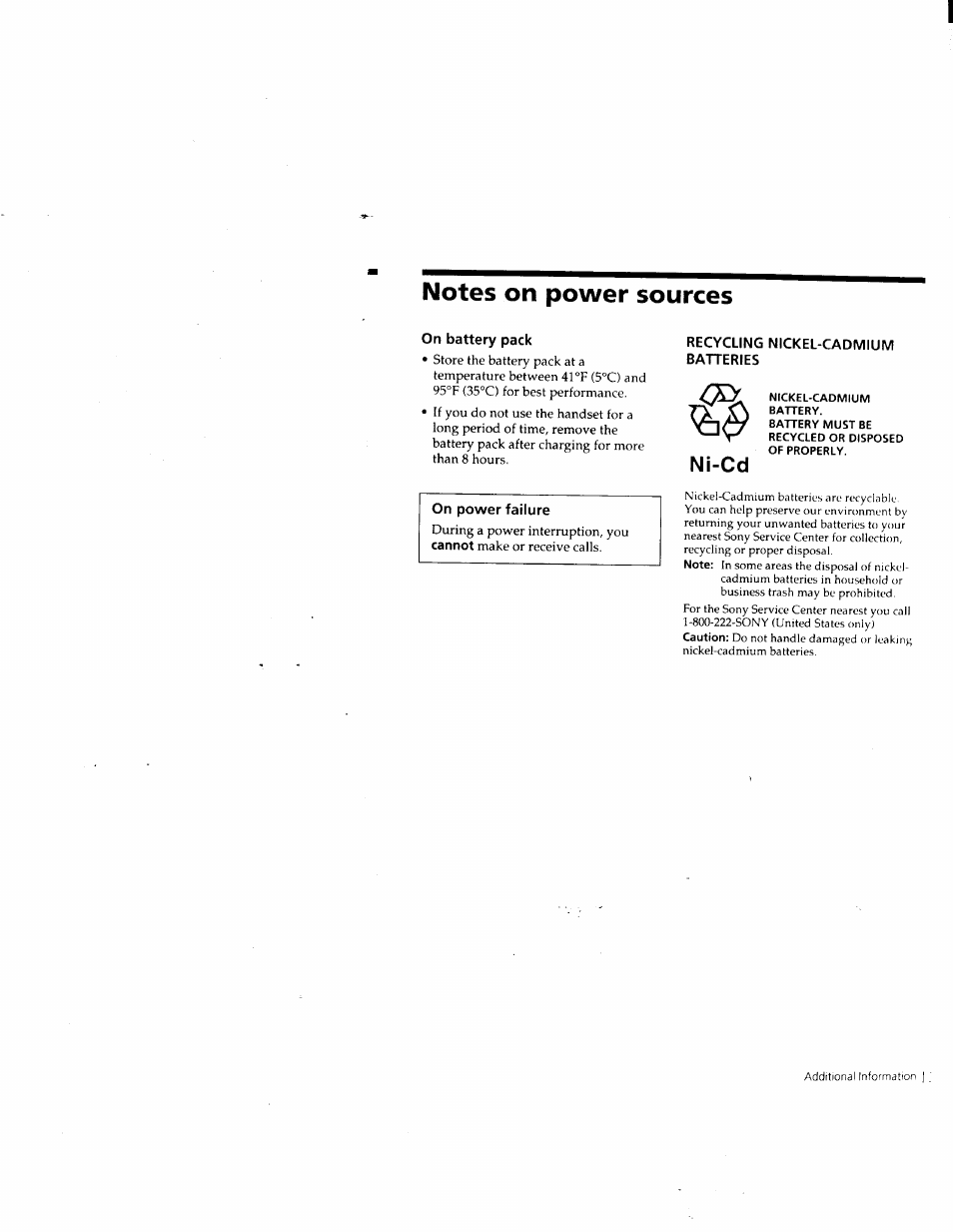 Notes on power sources, On battery pack, Recycling nickel-cadmium batteries | Ni-cd | Sony SPP-M932 User Manual | Page 32 / 76