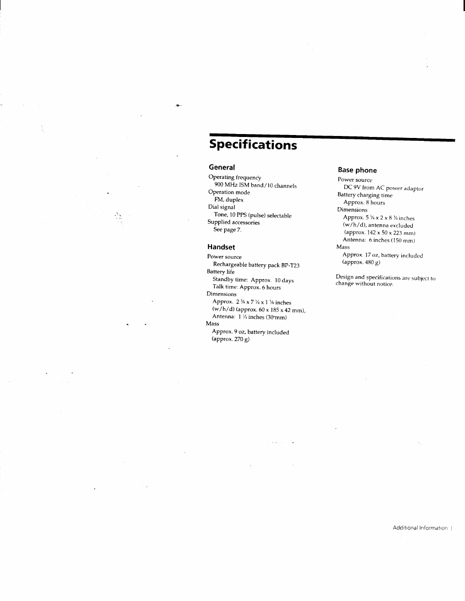 Specifications, Generai, Handset | Base phone | Sony SPP-M932 User Manual | Page 36 / 76