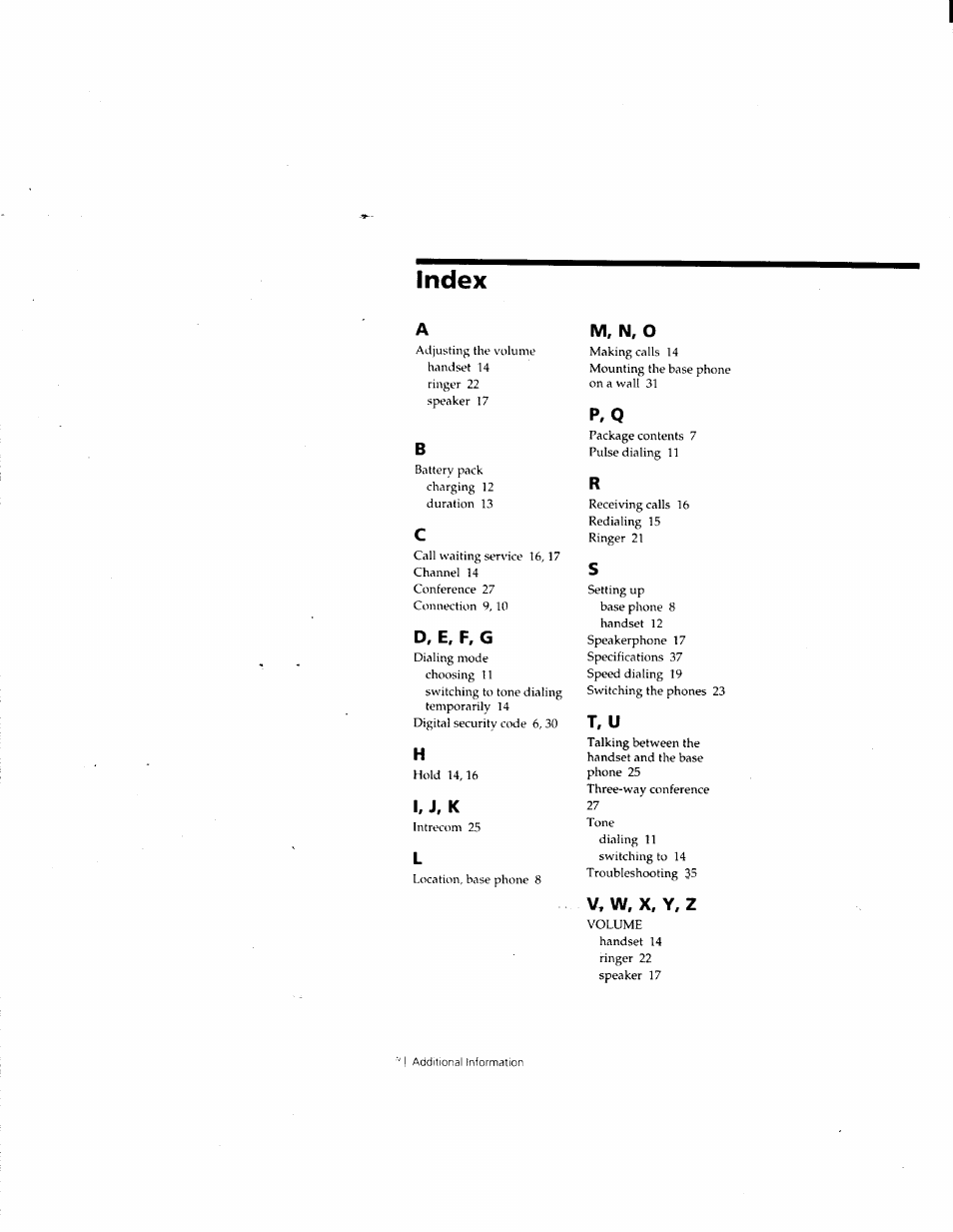 Index, D, e, f. g, M, n, o | V, w. x. y. z, I, j, k, P. q, T, u | Sony SPP-M932 User Manual | Page 37 / 76