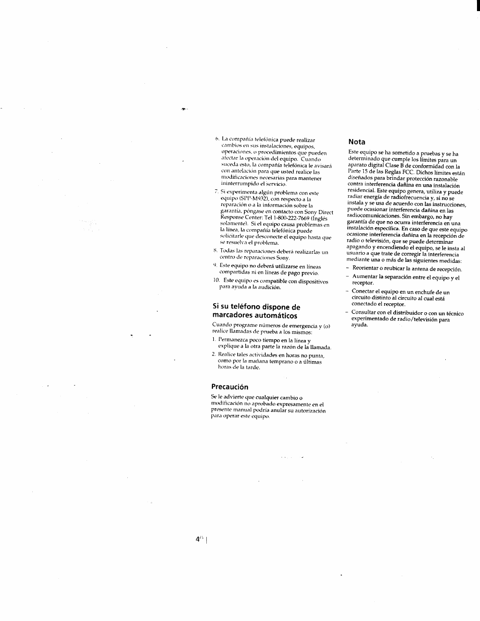 Si su teléfono dispone de marcadores automáticos, Nota, Precaución | Sony SPP-M932 User Manual | Page 40 / 76