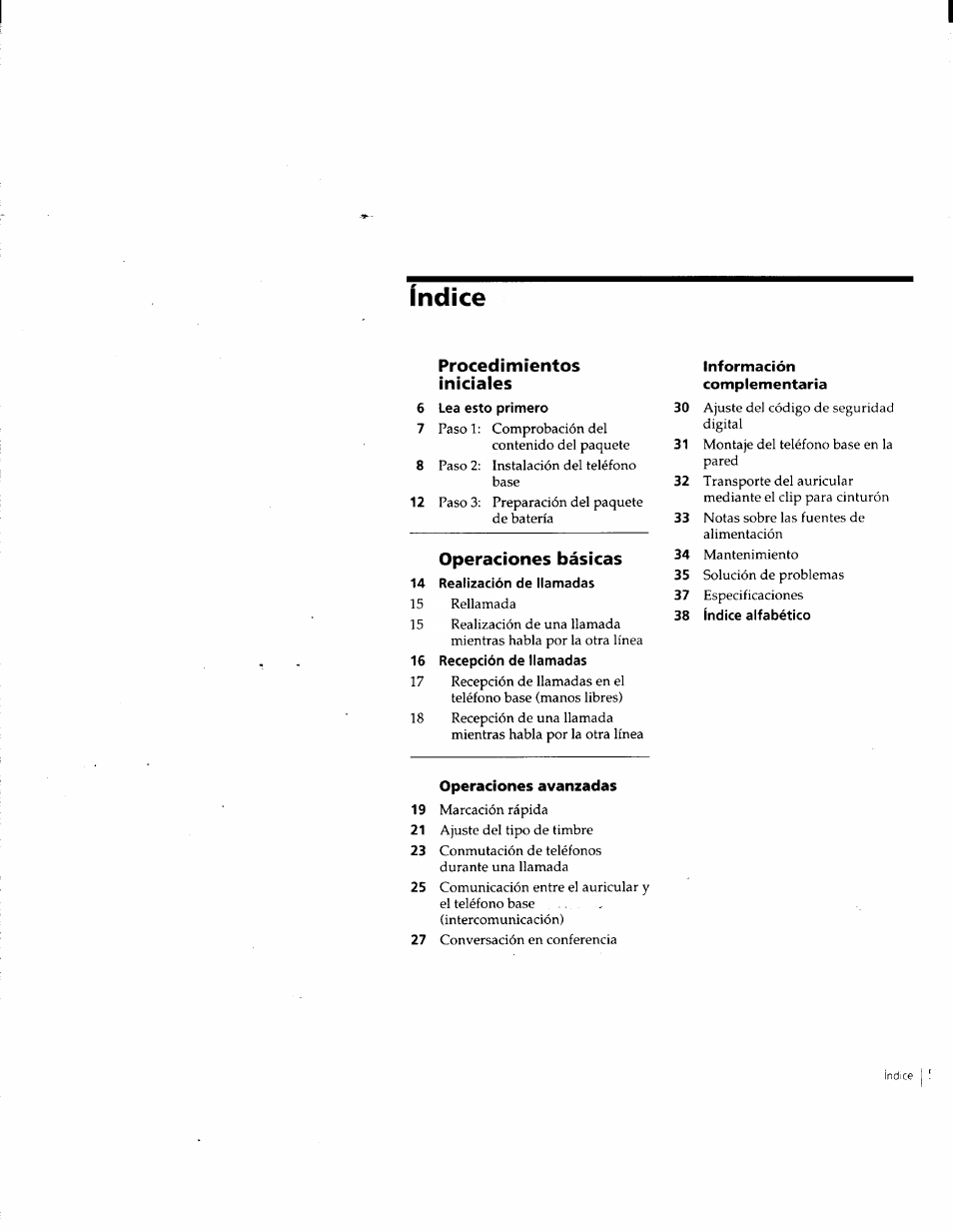 Índice, Procedimientos, Iniciales | Operaciones básicas | Sony SPP-M932 User Manual | Page 41 / 76