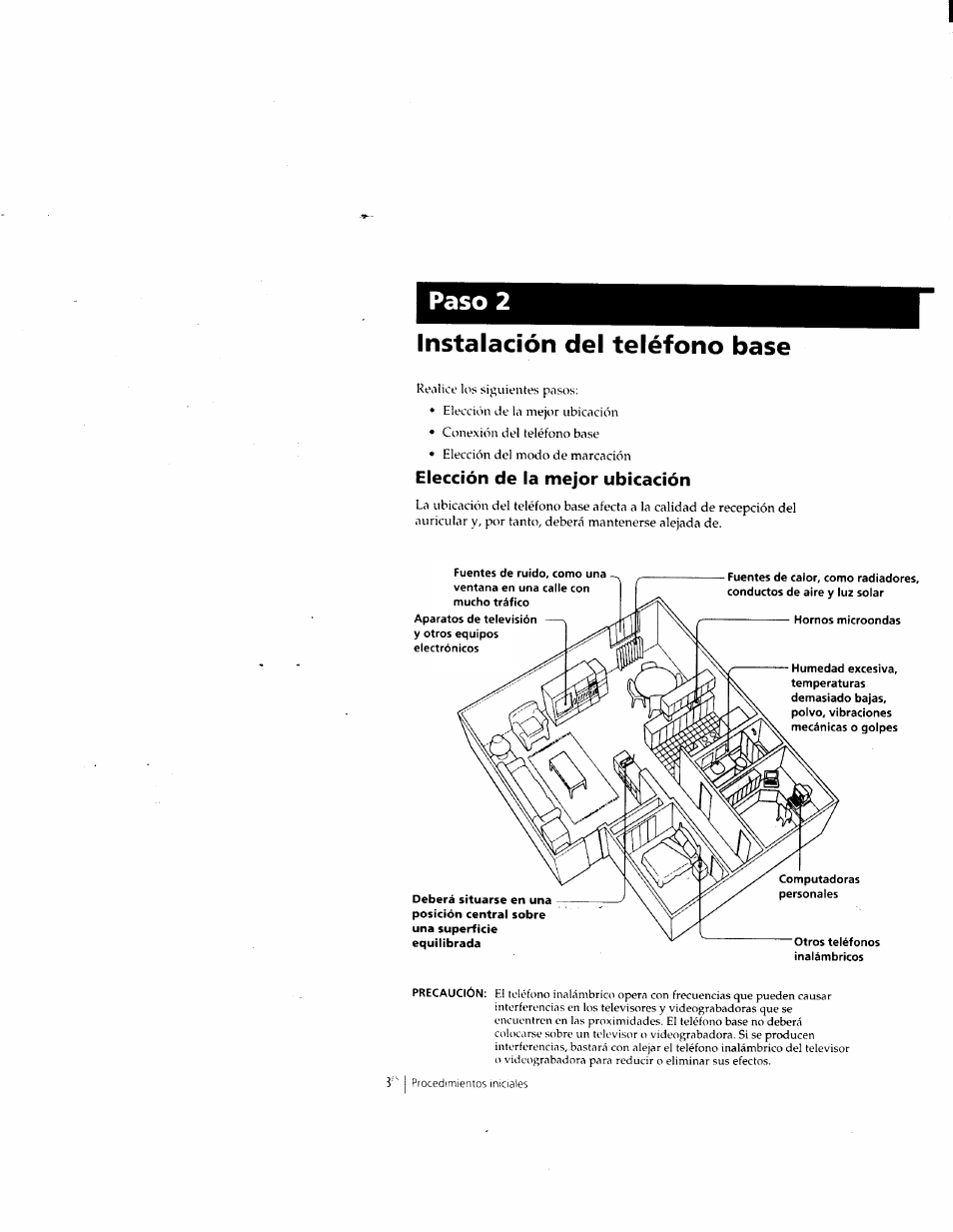 Instalación del teléfono base, Elección de la mejor ubicación, Paso 2 | Sony SPP-M932 User Manual | Page 44 / 76