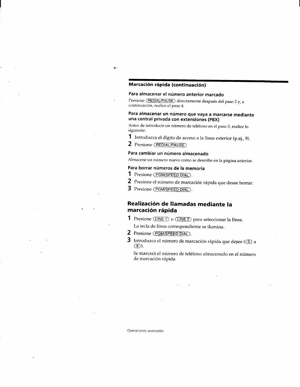 Para almacenar el número anterior marcado, Para cambiar un número almacenado, Para borrar números de la memoria | Sony SPP-M932 User Manual | Page 56 / 76