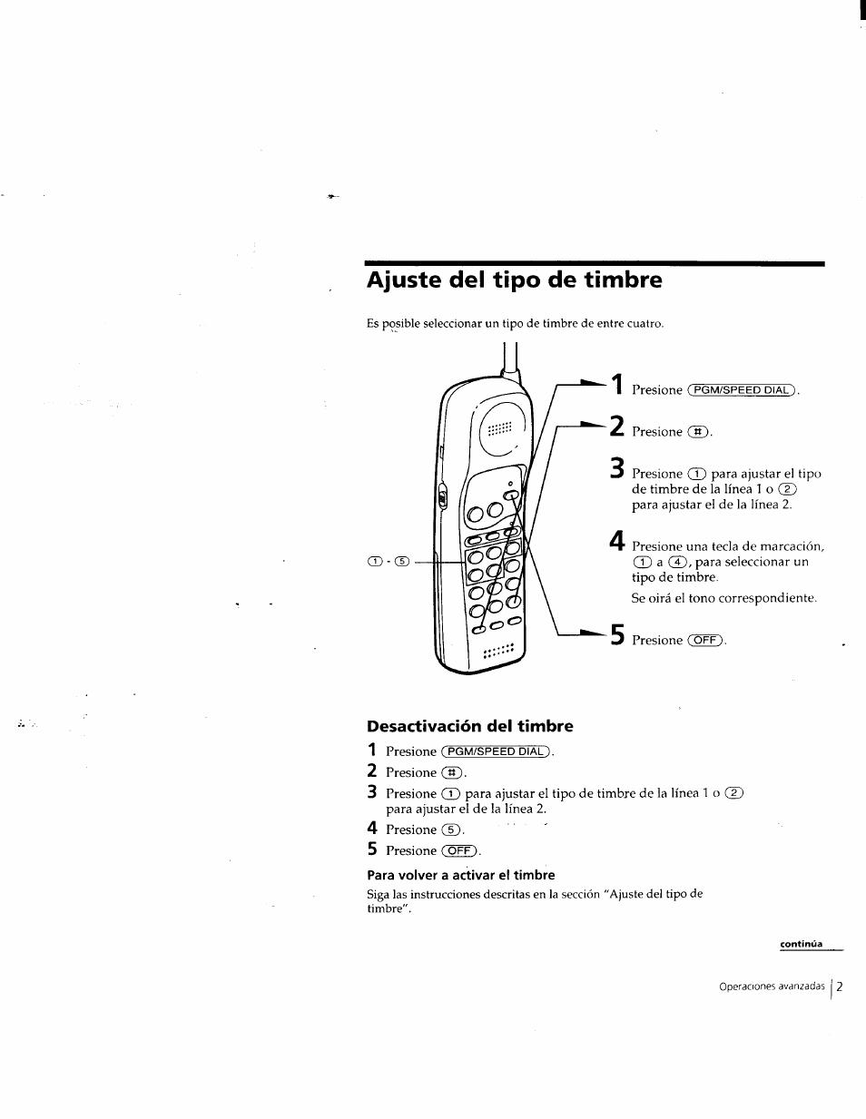 Ajuste del tipo de timbre, Desactivación del timbre, Para volver a activar el timbre | Sony SPP-M932 User Manual | Page 57 / 76