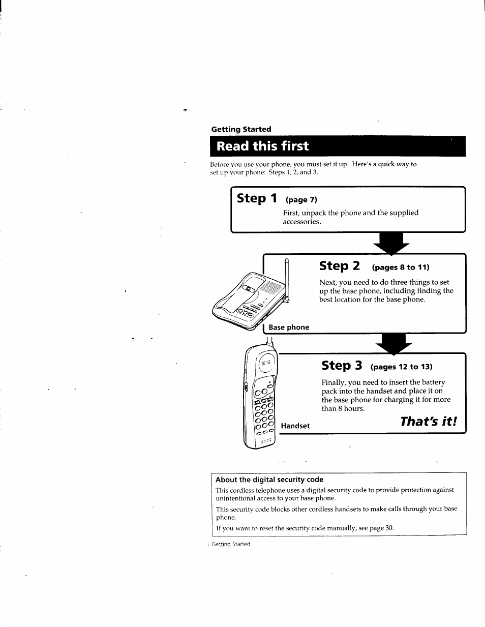 Getting started, Read this first, About the digital security code | That’s it, Step 1, Step, Step 3 | Sony SPP-M932 User Manual | Page 6 / 76