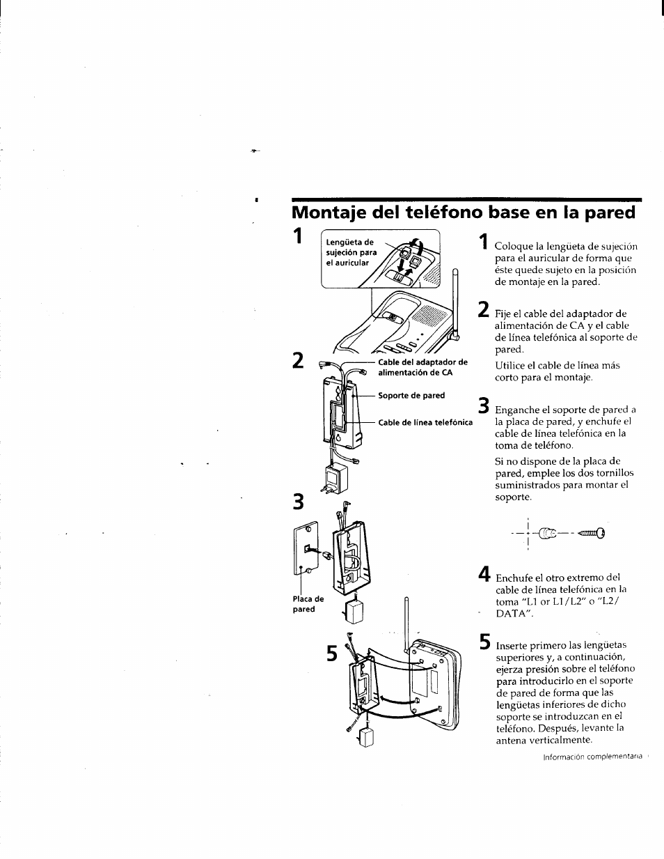 Montaje del teléfono base en la pared | Sony SPP-M932 User Manual | Page 67 / 76