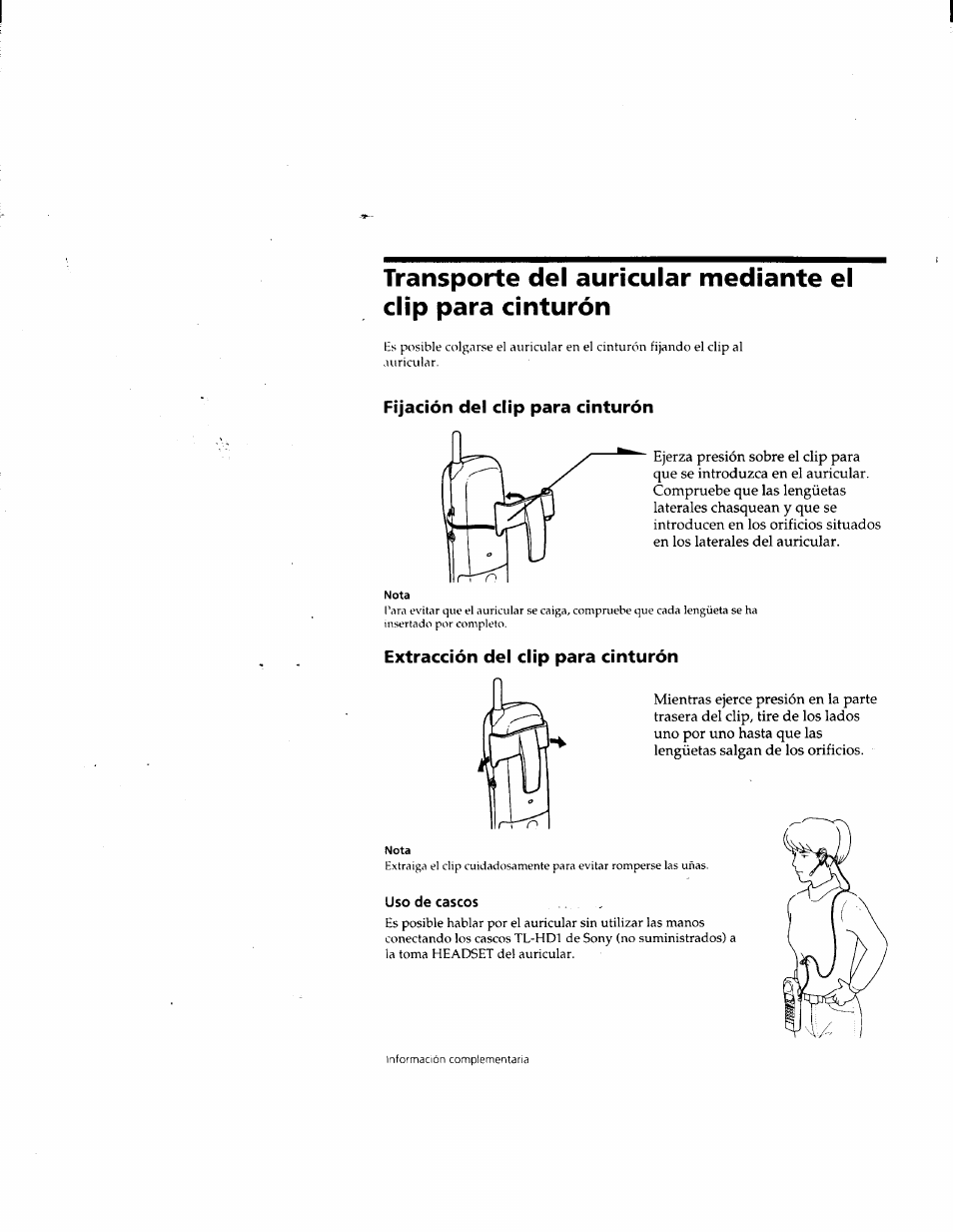 Fijación del clip para cinturón, Extracción del clip para cinturón, Uso de cascos | Sony SPP-M932 User Manual | Page 68 / 76