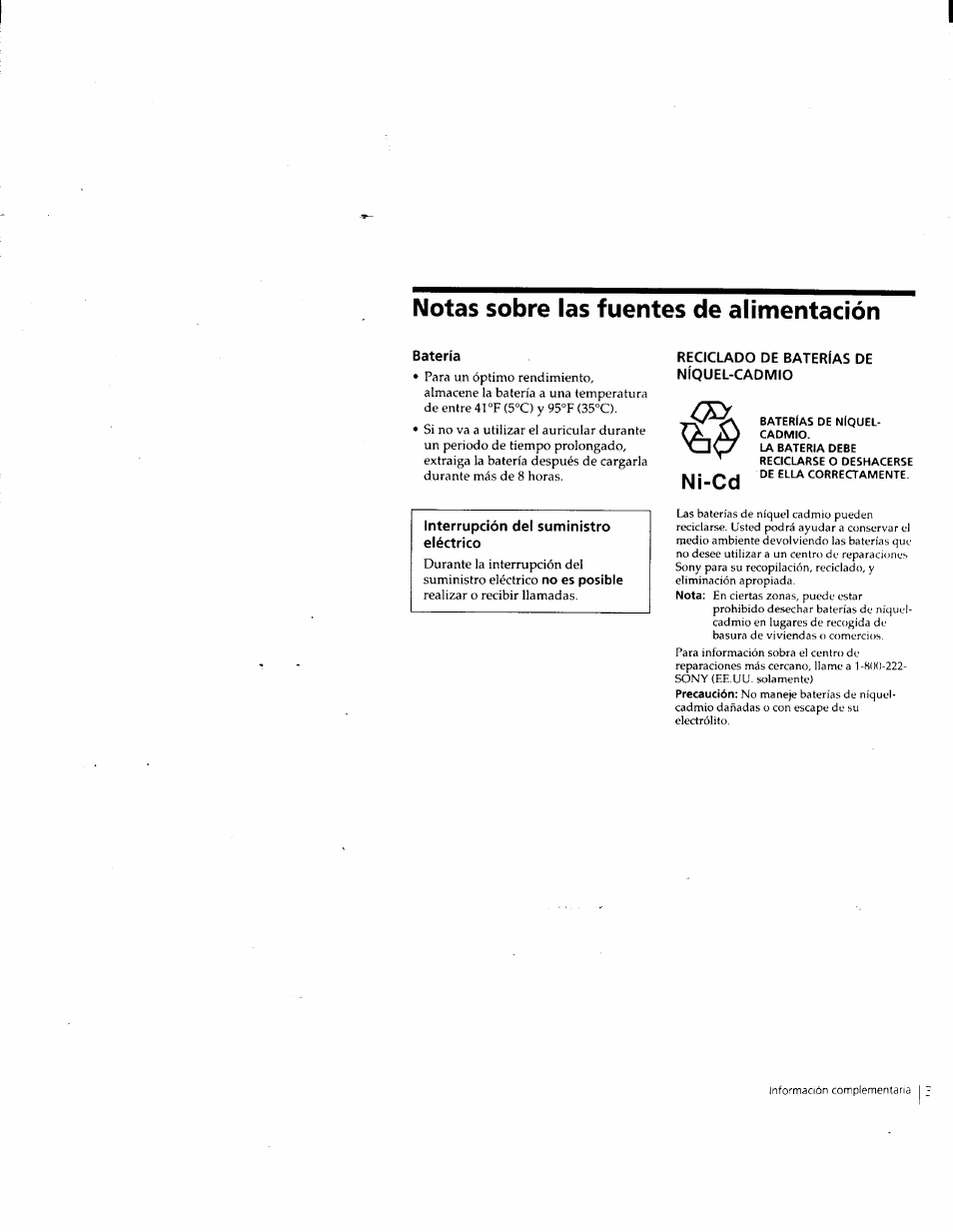 Notas sobre las fuentes de alimentación, Batería, Reciclado de baterias de níquel-cadmio | Ni-cd | Sony SPP-M932 User Manual | Page 69 / 76