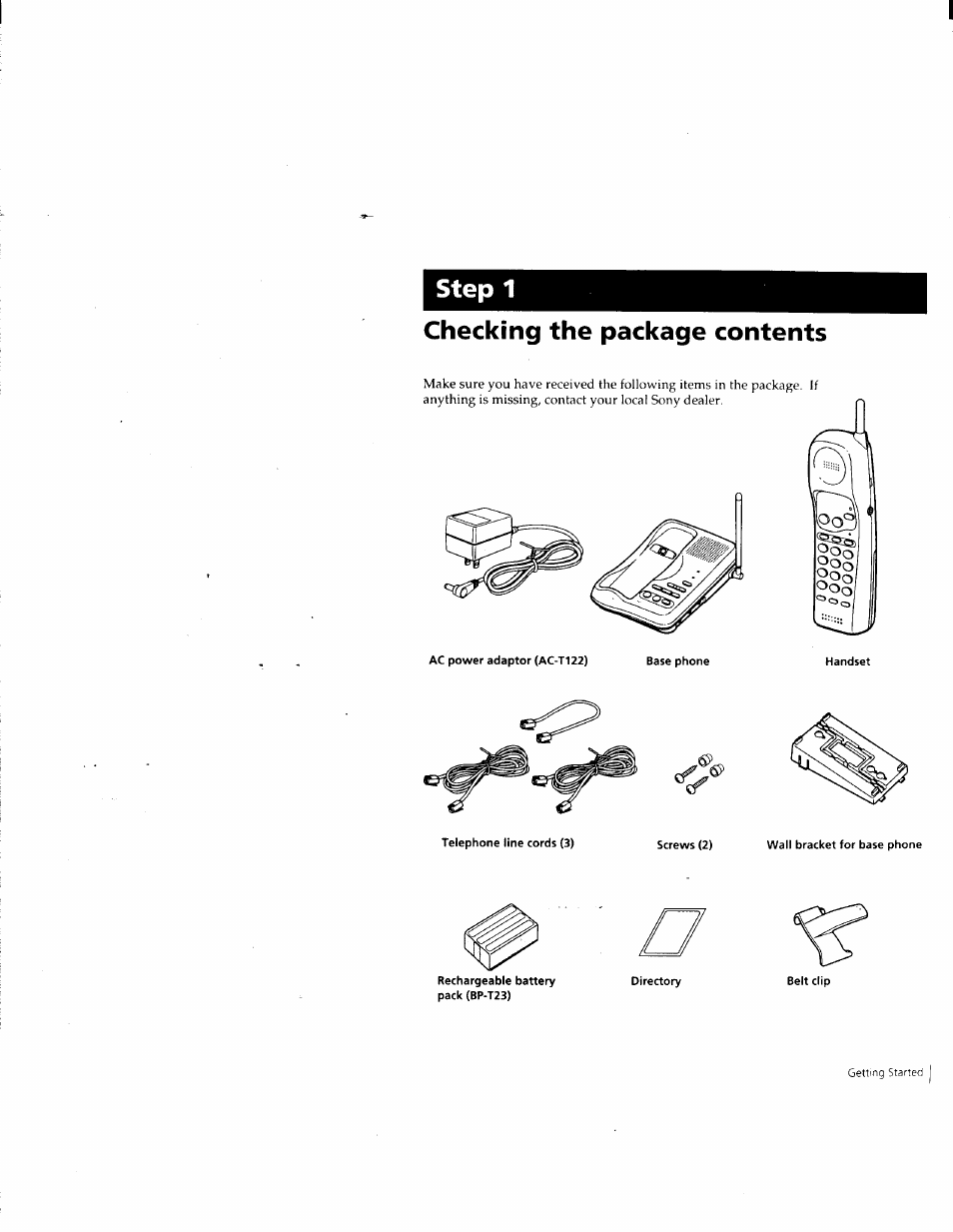 Checking the package contents, Step 1 | Sony SPP-M932 User Manual | Page 7 / 76