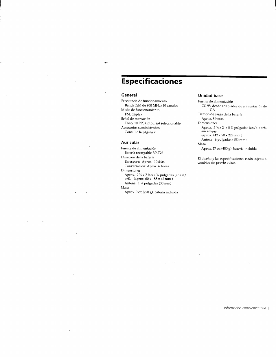 Especificaciones, General, Auricular | Unidad base | Sony SPP-M932 User Manual | Page 73 / 76