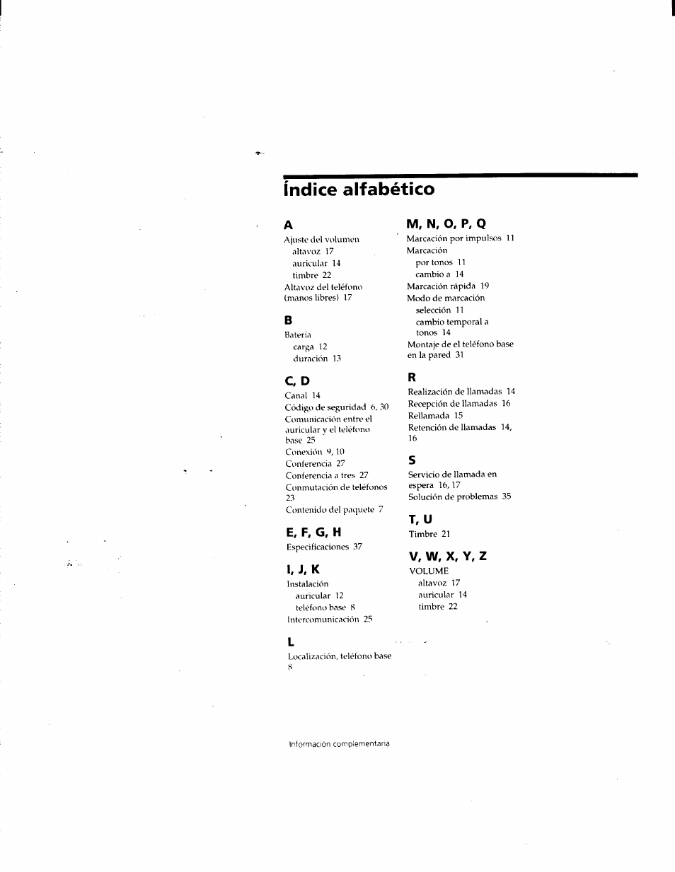 Indice alfabético, M, n, o. p, q, E, f, g, h | I. j, k, T, u, V, w, x, y, z | Sony SPP-M932 User Manual | Page 74 / 76