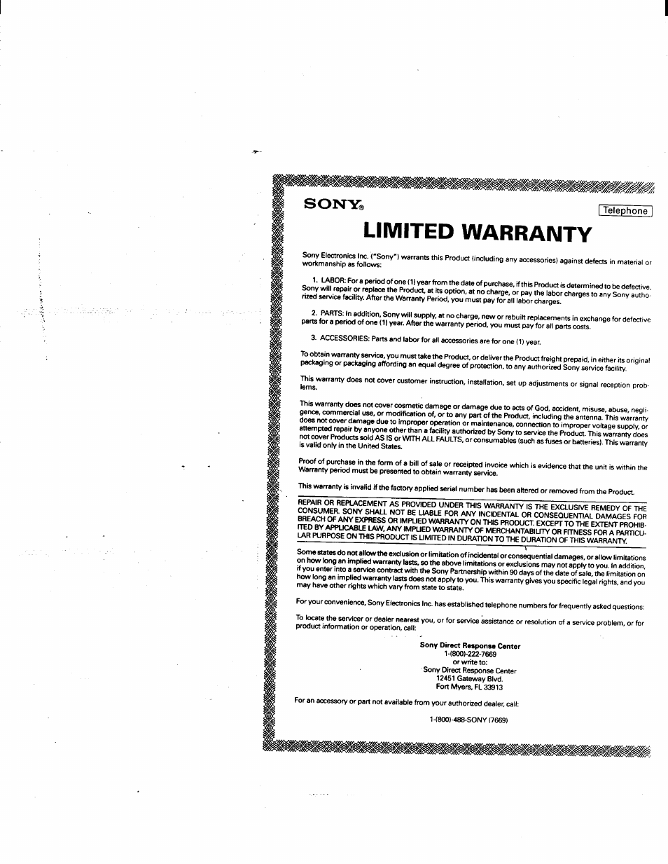 Limited warranty, Sony | Sony SPP-M932 User Manual | Page 75 / 76