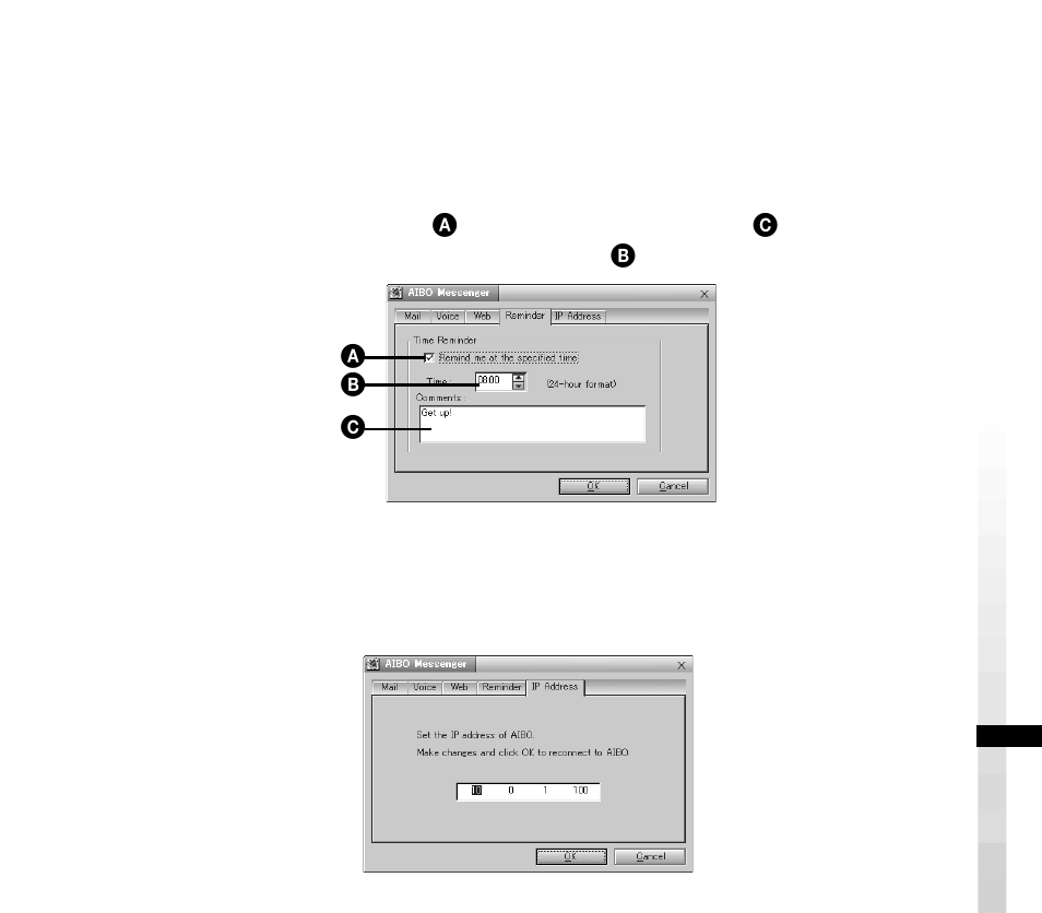 Einstellen der erinnerungsfunktion, Einstellen der ip-adresse von aibo | Sony ERS-210 User Manual | Page 115 / 128