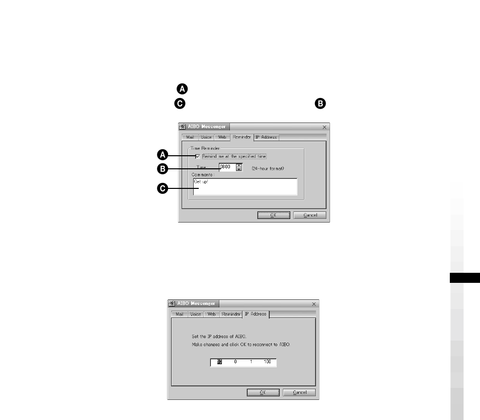 Setting the reminder, Setting the aibo ip address | Sony ERS-210 User Manual | Page 31 / 128