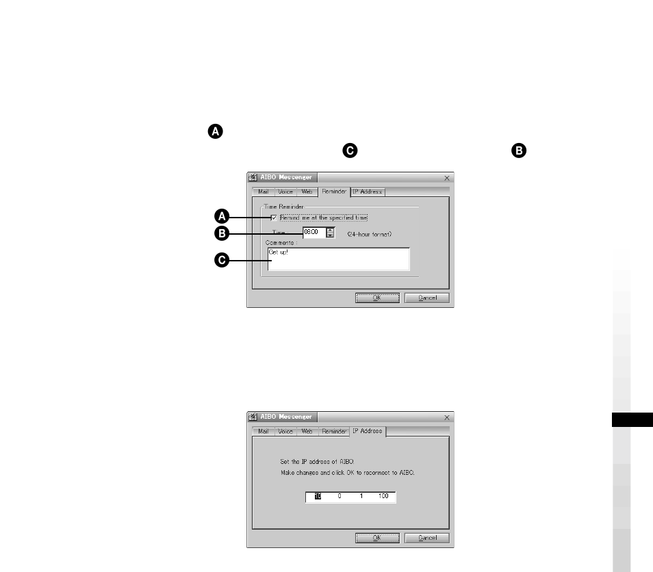 Réglage de l’aide-mémoire, Réglage de l’adresse ip aibo | Sony ERS-210 User Manual | Page 73 / 128