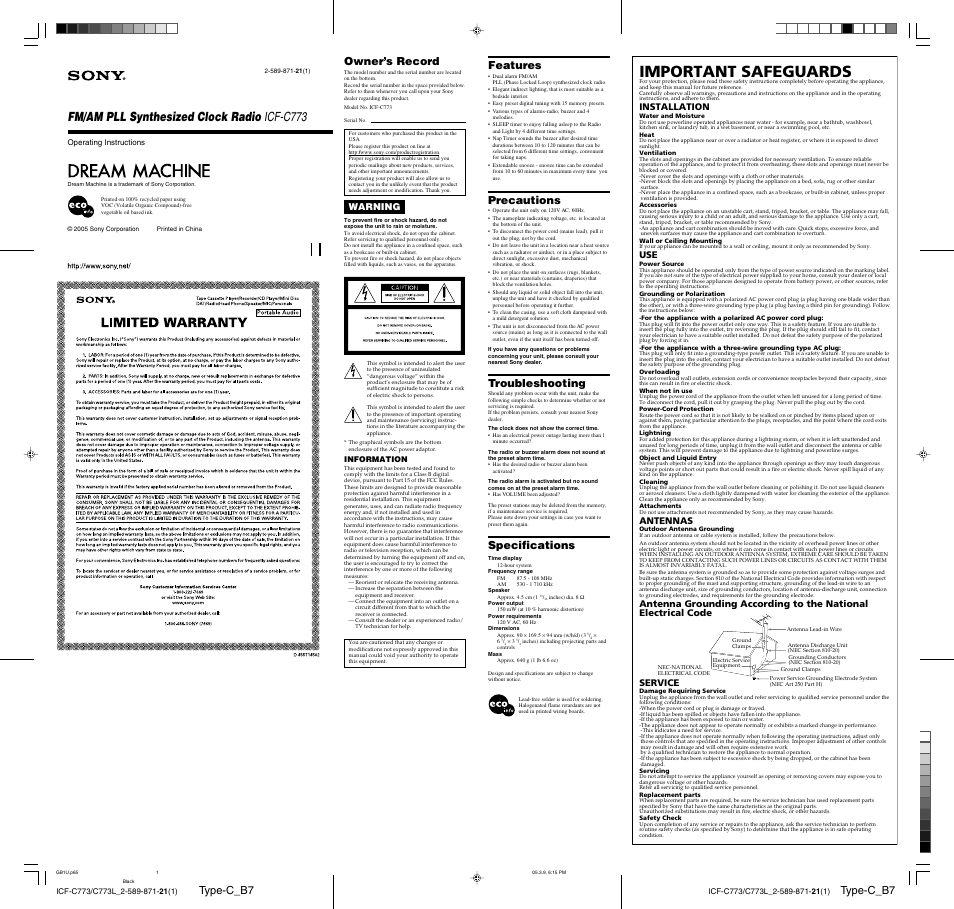 Sony ICF-C773 User Manual | 2 pages